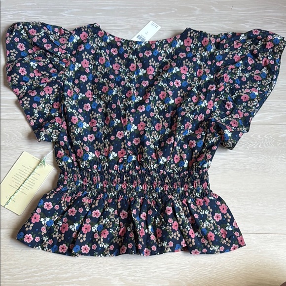 Trovata Birds of Paradis Floral Smocked Blue Pink Peplum Blouse Cap Sleeves - Picture 7 of 10